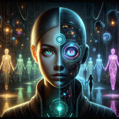The primary subject of the image is a woman with a mix of human and robotic features. She has a human head and a robotic body, giving her a unique and futuristic appearance. The setting is a dark, futuristic environment with a backdrop of neon lights, which adds to the overall atmosphere of the image. The visual style is a combination of digital art and illustration, creating a striking and intriguing scene. The colors in the image are predominantly dark and neon, which contribute to the overall mood of the image, which is mysterious and captivating.